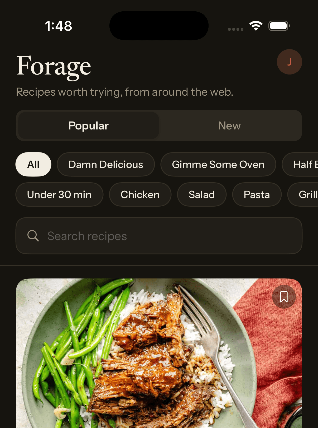 Forage — recipes pulled from cooking sites, filtered by what you feel like, ready to save to your Try list.