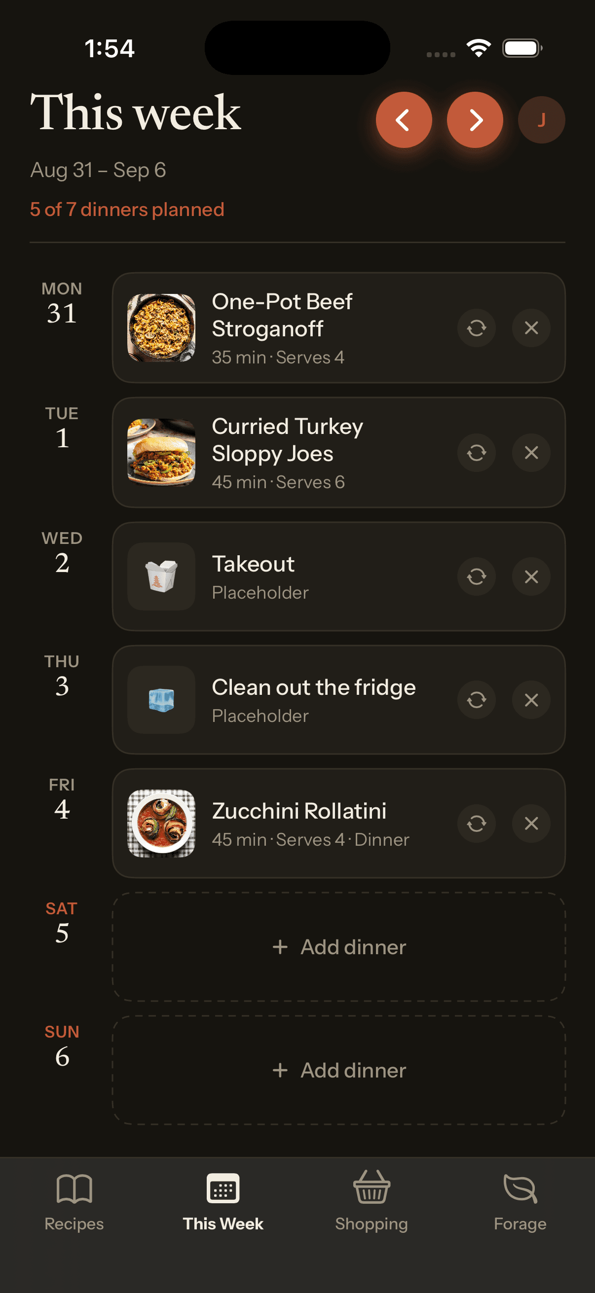 This week — a calendar of dinners planned for the household, including a takeout night.